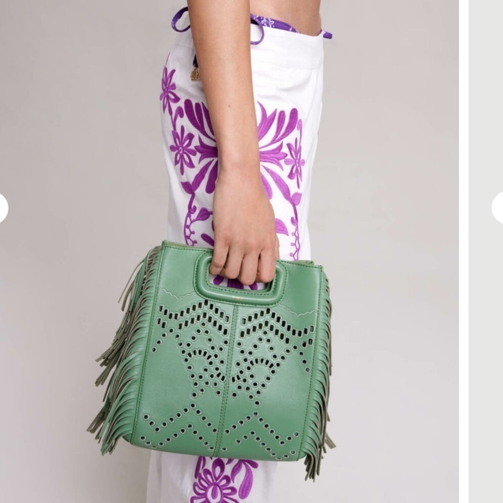 MAJE Perforated Fringed Leather M Bag in Green